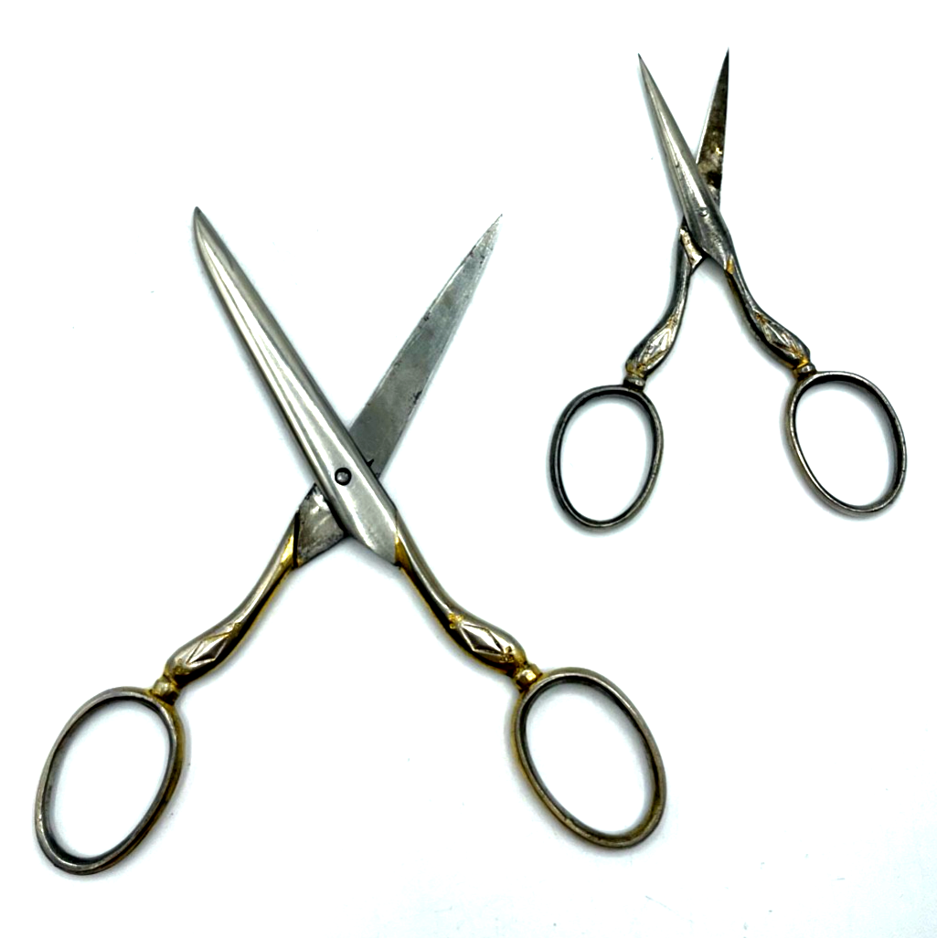 Dachbodenfund 2 x antik Schere Solingen Dreizack Ed. Wusthof teilvergoldet Dekor4
