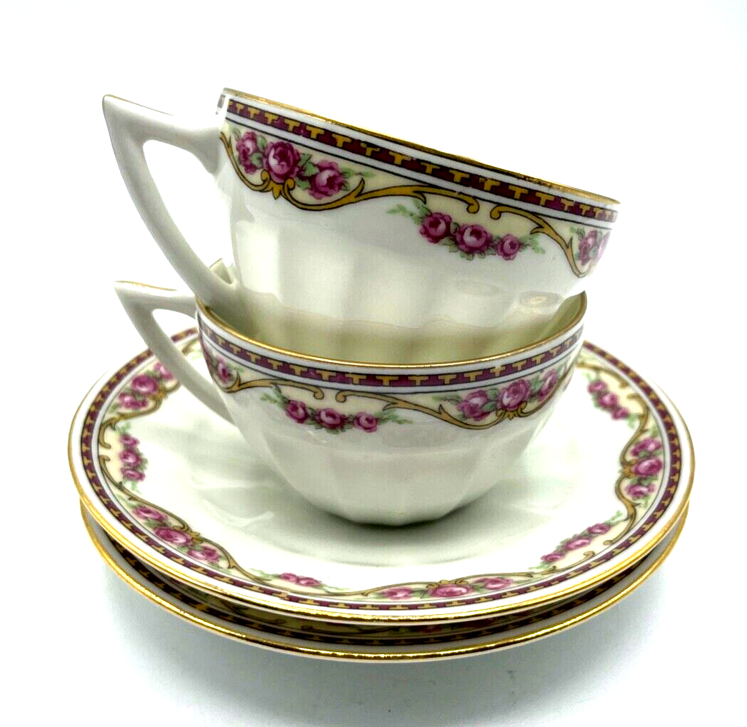 2x antik Porzellan Tasse + Unterteller Lamotte France Motiv Rose Ranke 30erJ rar8