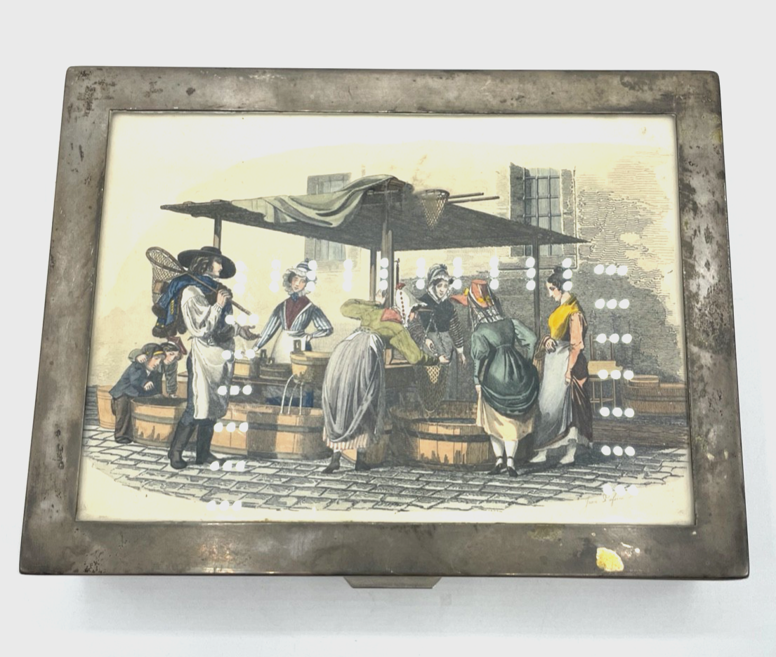Antik Wiener Holzschatulle Deckeldose 800 Silber Montur col. Litho 20,5 x15,7 cm2