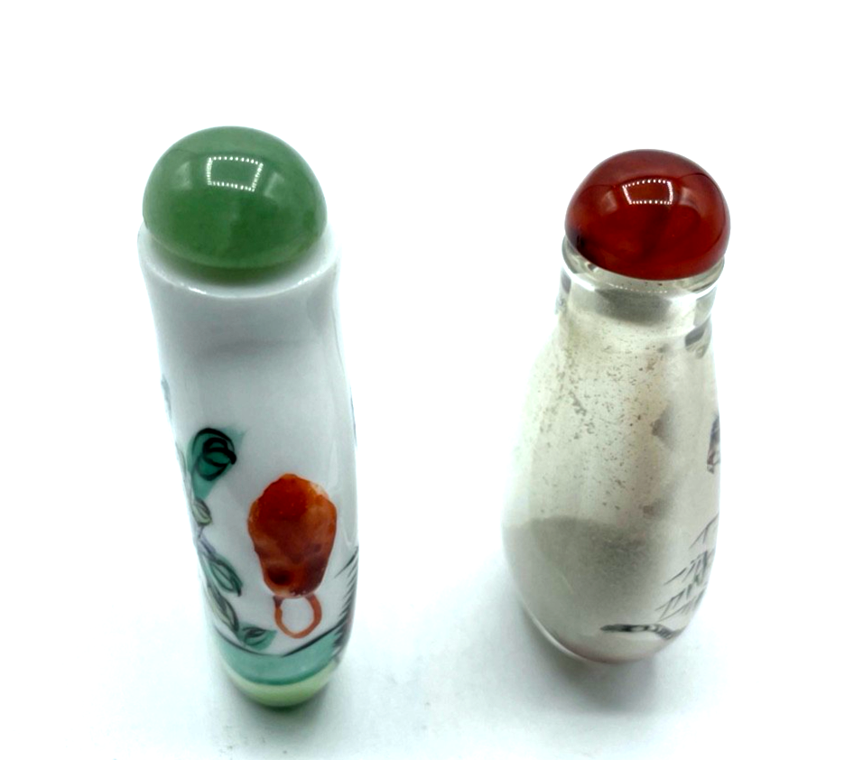 Asiatika 2 vintage snuff bottle Glas China handbemalt Riechfläschchen Tiger Hahn7
