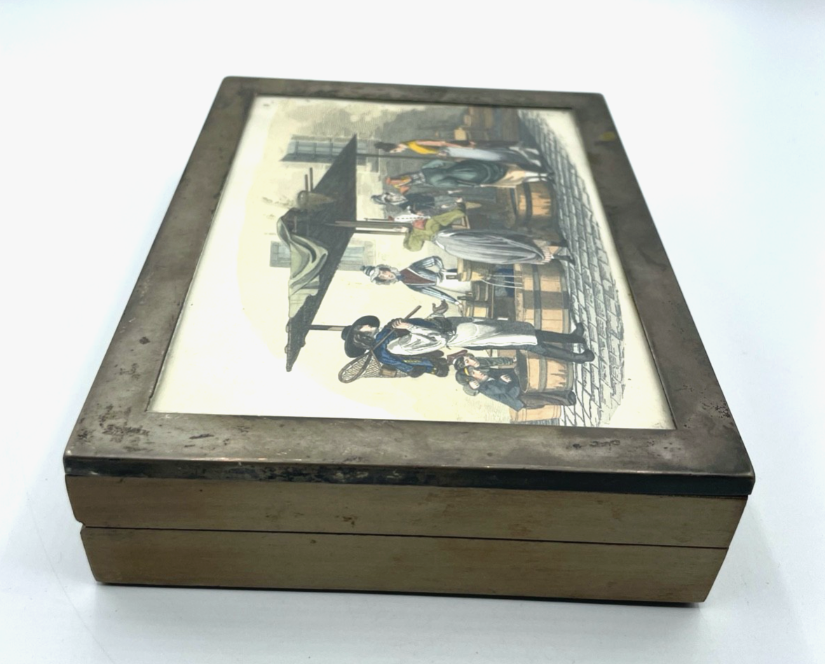 Antik Wiener Holzschatulle Deckeldose 800 Silber Montur col. Litho 20,5 x15,7 cm3
