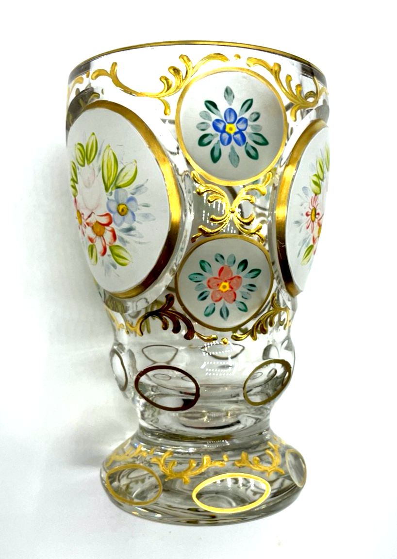 Antik Pokal Glas Becher handbemalt Ranftbecher Blumen Gold Dekor6