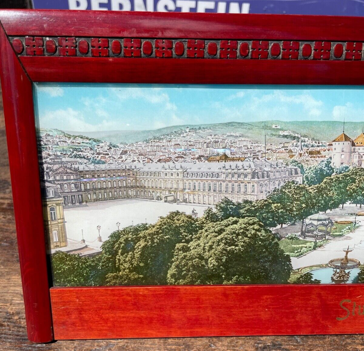 Jugendstil gr Souvenir Bild Stuttgart gerahmt Perlmutt Reiseandenken 1900 L 48cm2