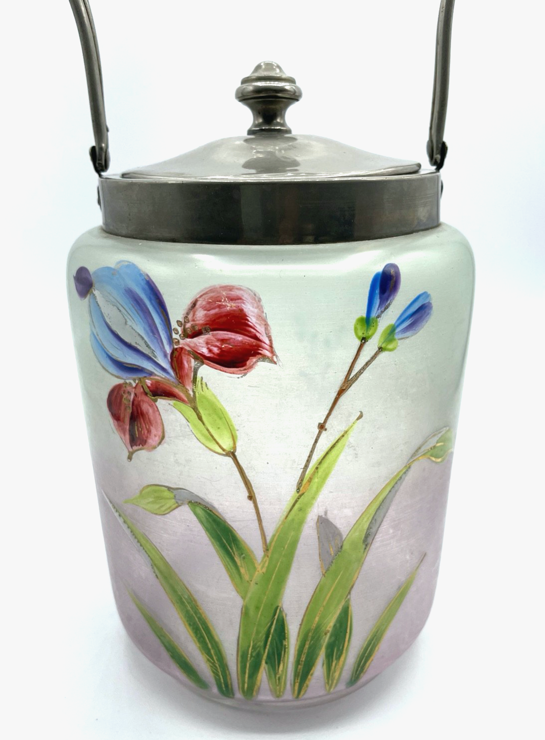 Jugendstil antik Glas Dose Deckeldose Henkel Bonboniere handbemalt Blumen Dekor3