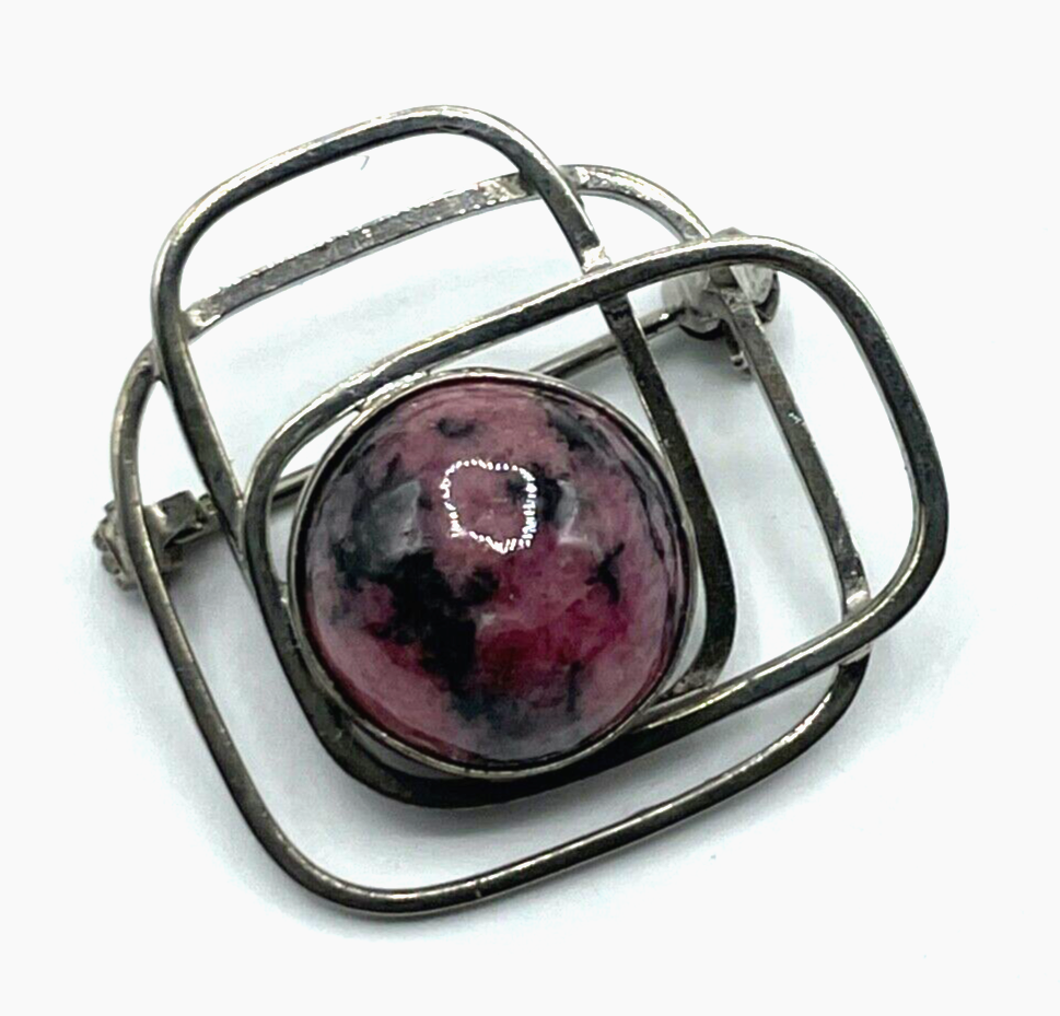 70er J Design 925 Silber Anstecknadel Handarbeit Rhodochrosit Cabochon rund5