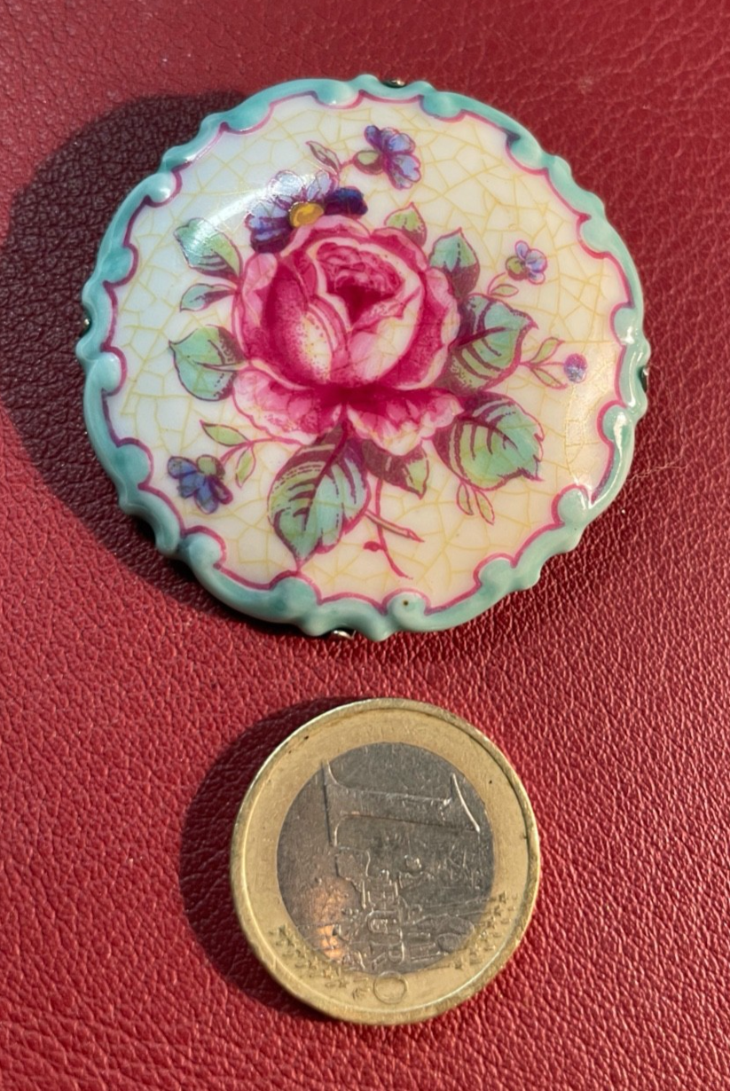 Antik Rosenthal Porzellan Brosche 20er 30er J Rosen Motiv Ø 47 mm handgemalt1