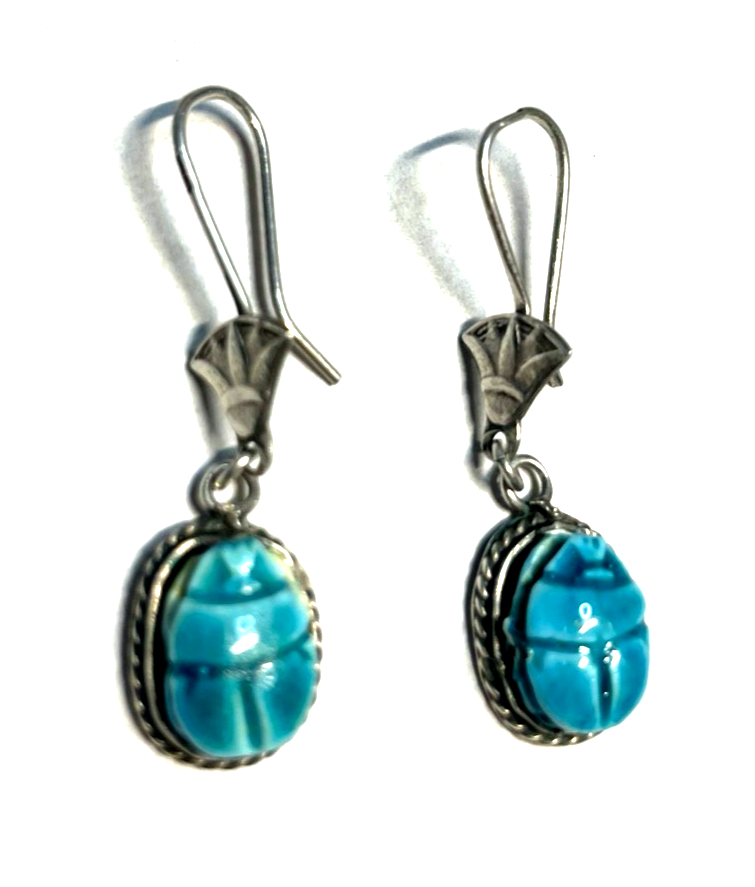 Vintage handgefertigte 925 Silber Ohrhänger Skarabäus mit Kartusche + Lotusblüte0