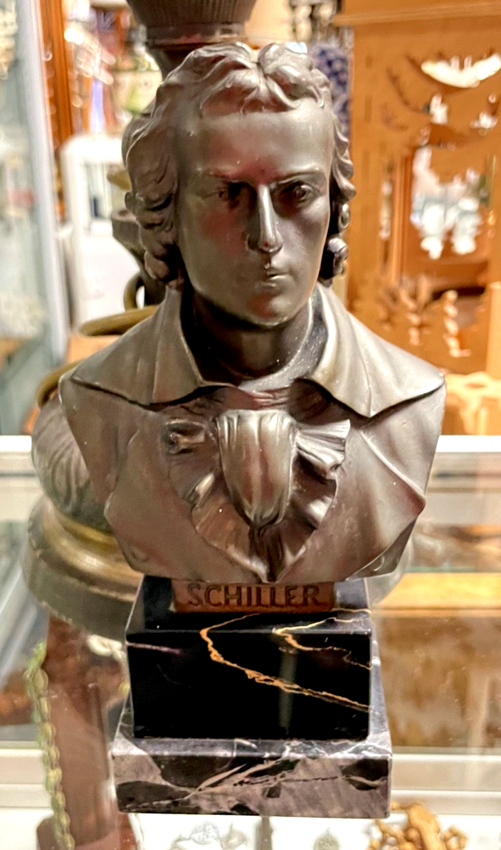 Antik Friedrich von Schiller Metall Büste auf Marmor Plinthe gepflegt H 18,5 cm6
