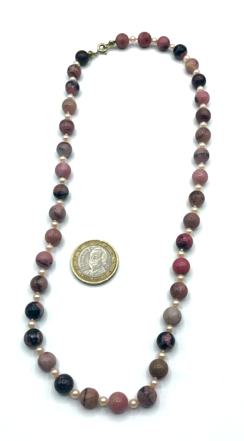 Vintage Rhodochrosit Kette Kugelkette 835 Silber + echte Perlen L 48,5 cm Ø 8 m2