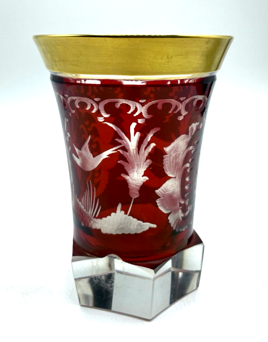 Antik Pokal Überfang Glas Becher Ranftbecher geätzte Motive + Gold Dekor gepfl.0