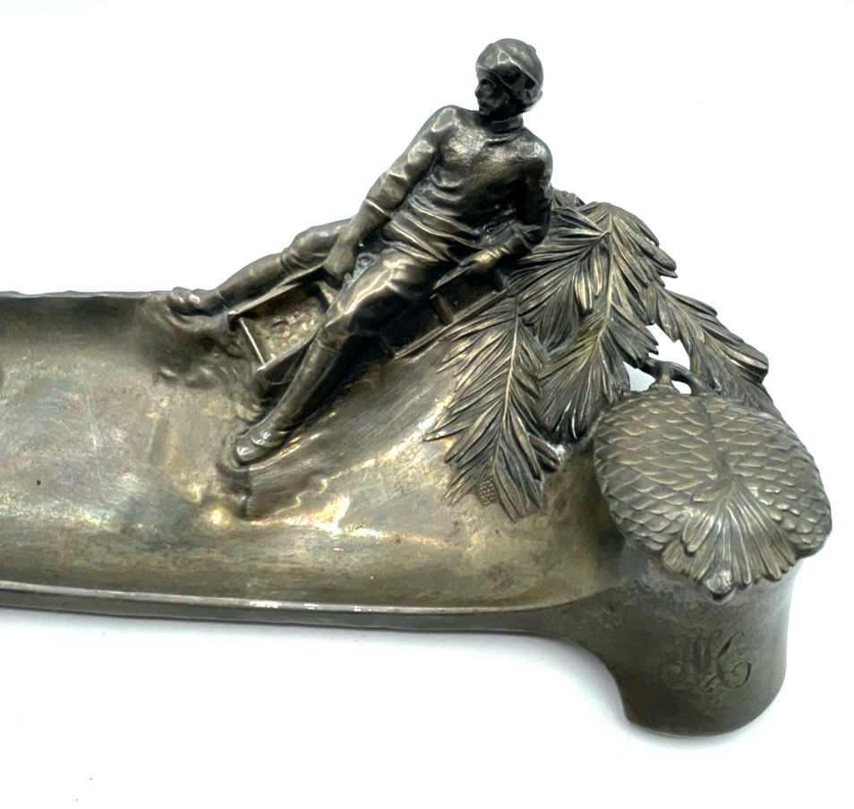 Jugendstil WMF dekorative Schreibtisch Auflage Tintenfass Rodler Schlittenfahrt5