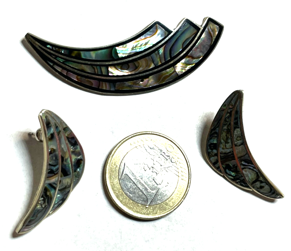 Vintage Set Ohrstecker + Brosche Mexiko Alpacca mit Abalone Paua Muschel Einlage7