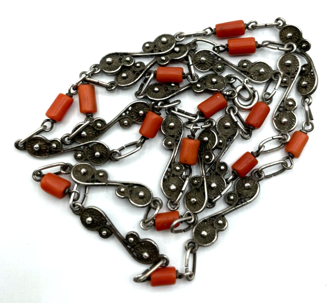 Traumhafte antik 835 Silber Kette mit Koralle 30er J Handarbeit L 68 cm B 6 mm1