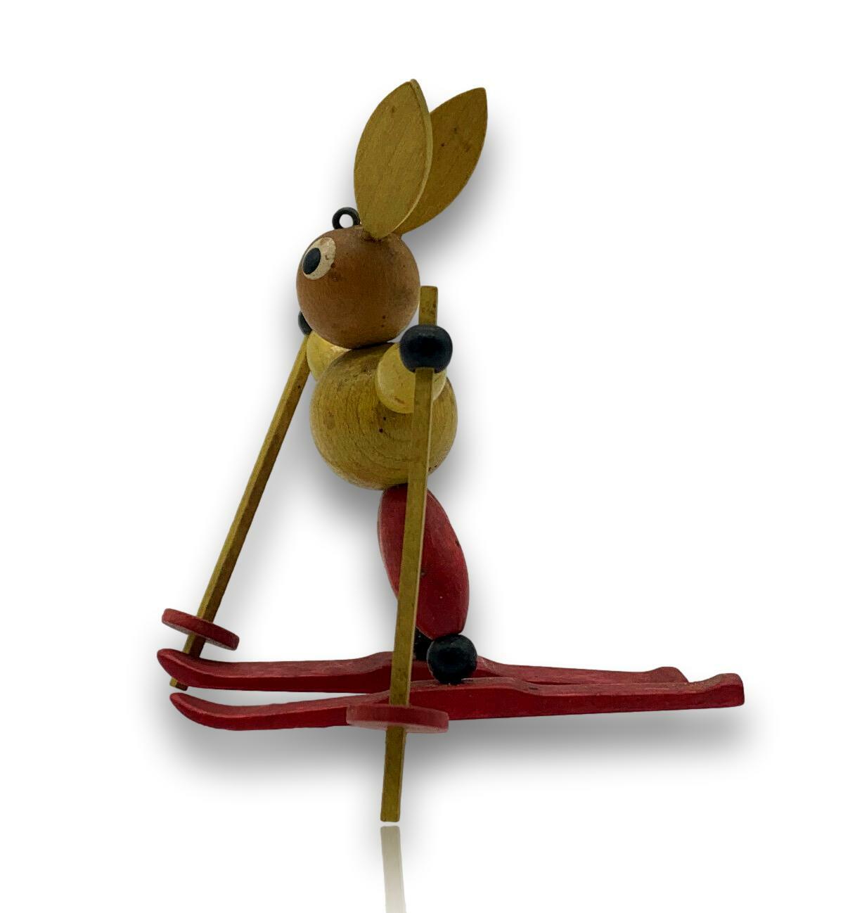 Erzgebirge Volkskunst Ski Hase - Holzschnitzerei - alte Figur beweglich1