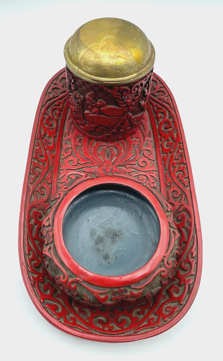 Antik Zinnober Rotlack Chinalack Schnitzlack 3tlg Garnitur um 1900 sehr gepflegt13