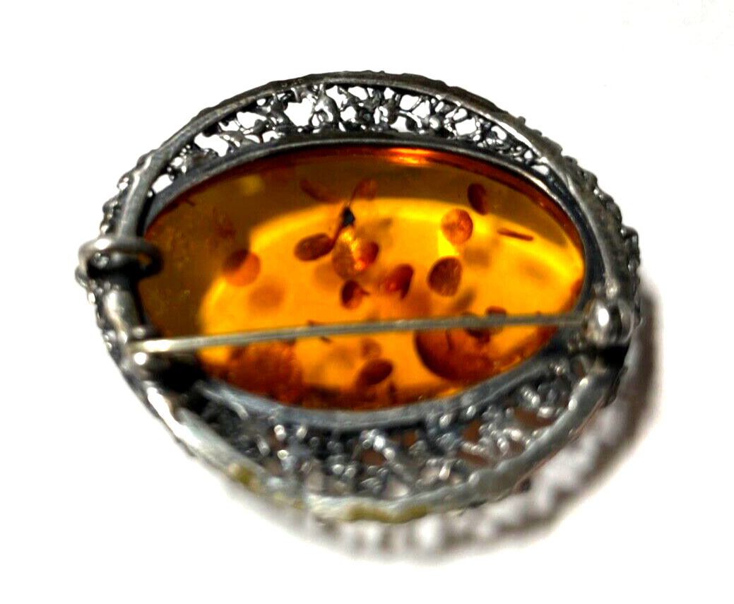 925 Silber Brosche Designer Anstecknadel / Anhänger Bernstein Cabochon Inklusen13