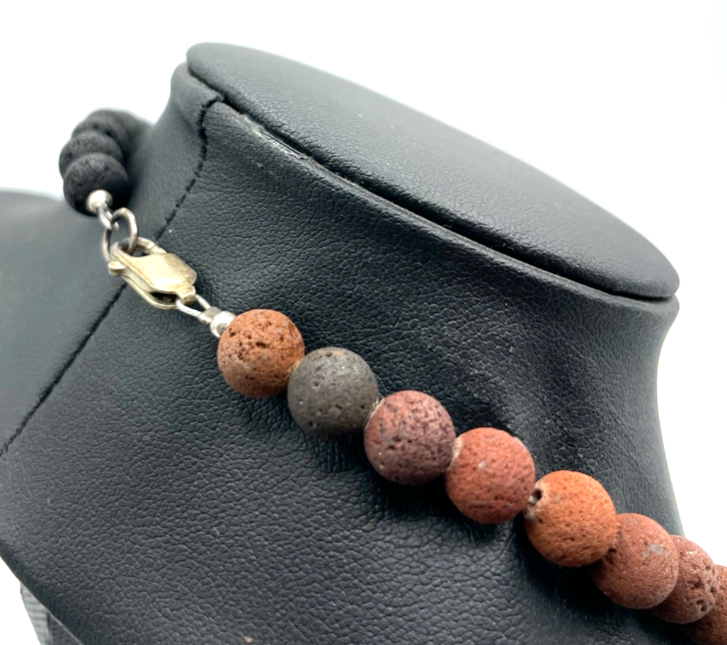 925 Silber Karabiner an Lava Kugel Kette Braun + Schwarz gepflegt 47,5 cm Ø 8 mm2