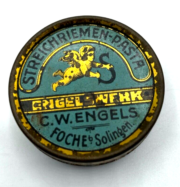 Alte kleine Blechdose Streichriemen-Pasta Engelswerk Engels Foche Solingen rar0