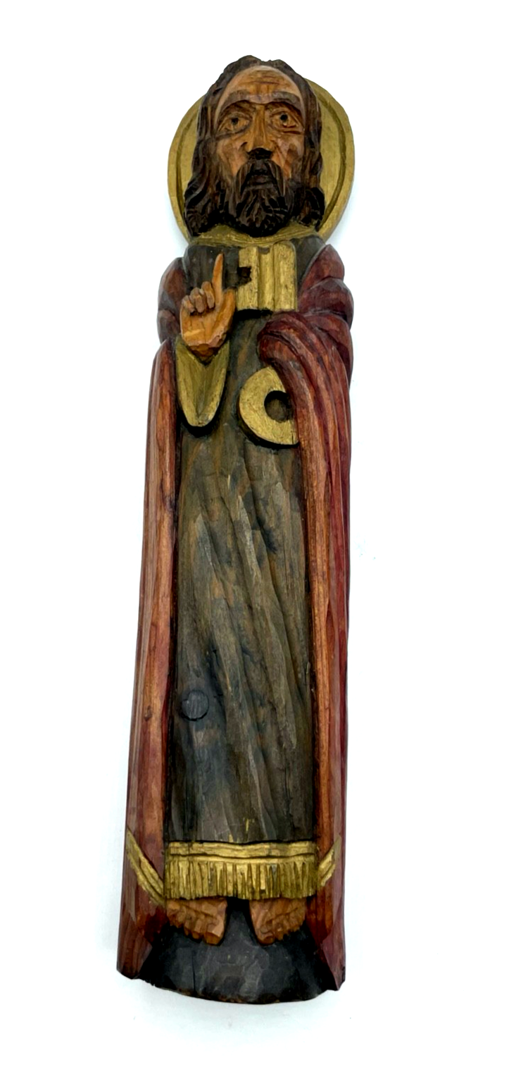 Alte Petrus Figur Holzfigur Handarbeit farblich gefasst Holzschnitzerei H 35 cm0
