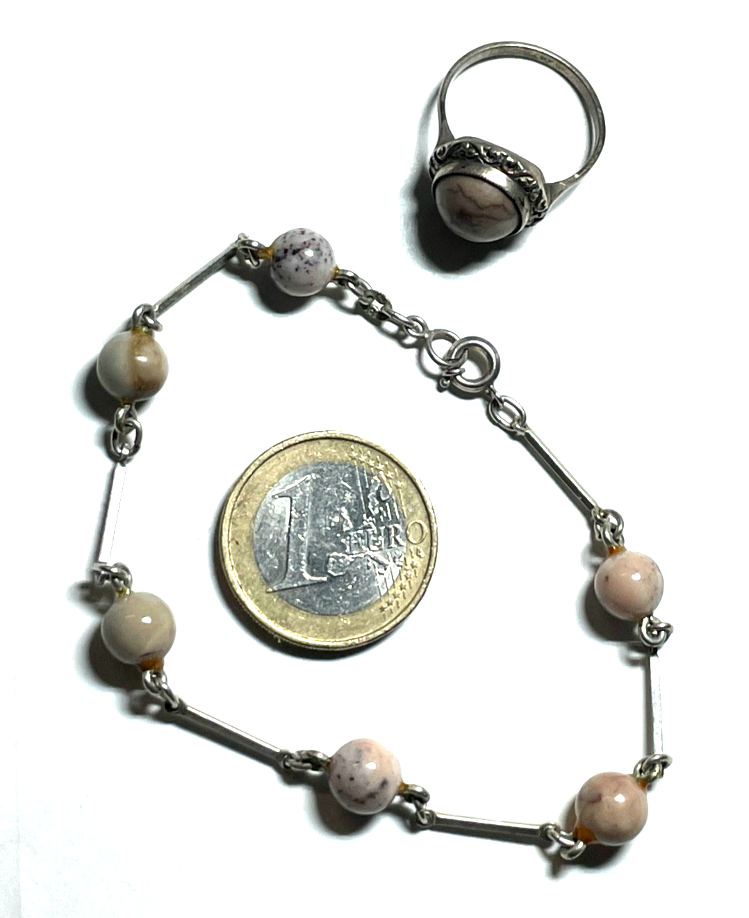 Vintage 800 RW Silber Set Armkette Armband + Ring mit Jaspis 60erJ 70erJ RG 535