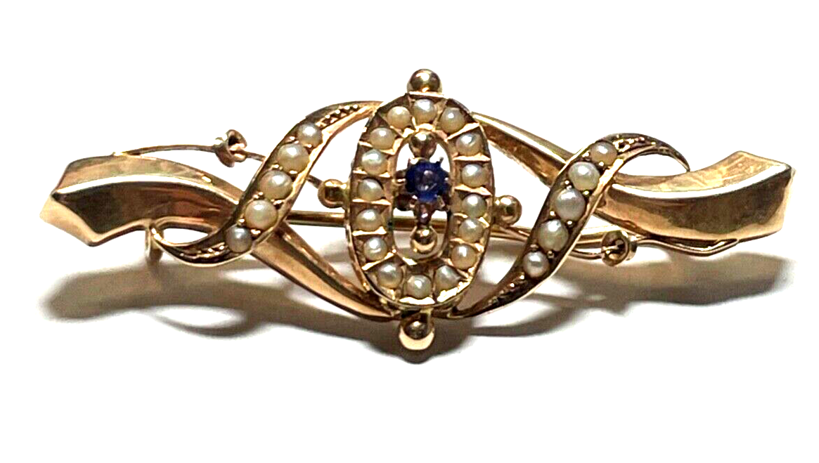 Antik edle 585 Gold 14 K Brosche Saphir Orientperlen Historismus Saatperlen3