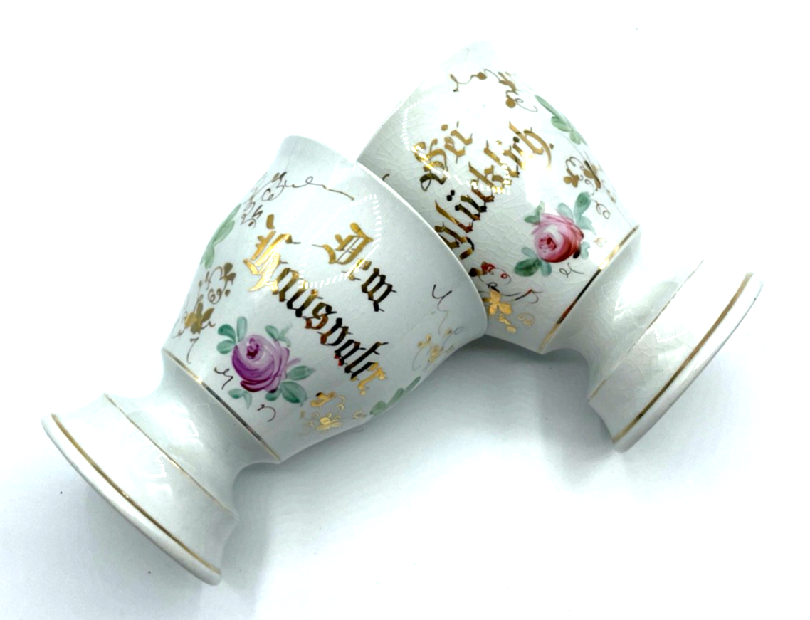 2 antik Sarreguemines Keramik Kakaobecher Andenken Becher Rosen Dekor Spruch6