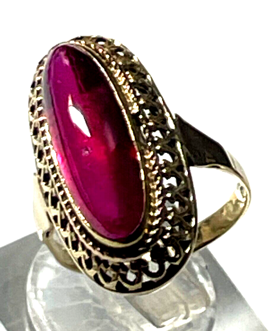 585 Gold 14 K antik Ring mit rotem Korund Farbstein Cabochon RG 47 Juwelier gepf12