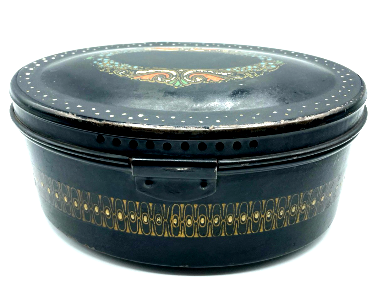 Antik attraktive ovale Blechdose Keksdose Deckeldose Jugendstil Dekor um 19005