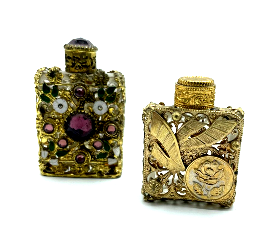 2 x vintage und hübsch dekorierte Parfum Flakon vergoldet  Fläschchen Handarbeit0