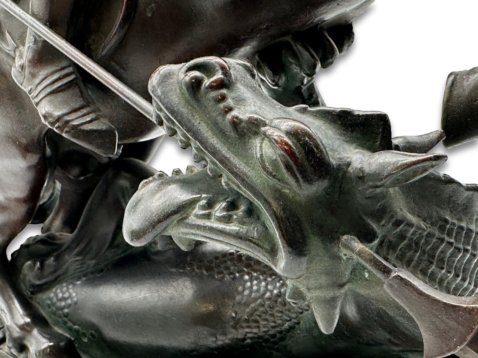 Große Bronze Skulptur - Hl. Georg tötet Drachen - um 1930 - auf Marmorsockel15