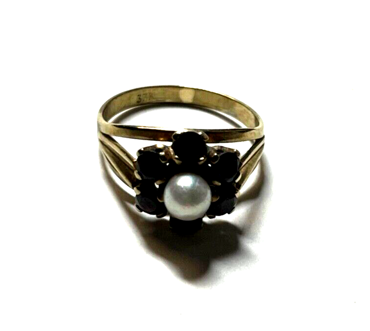 Vintage 333 Gold 8 K Ring 6 Granat + 1 Perle Ø 16 mm RG 50 Klassiker gepflegt5