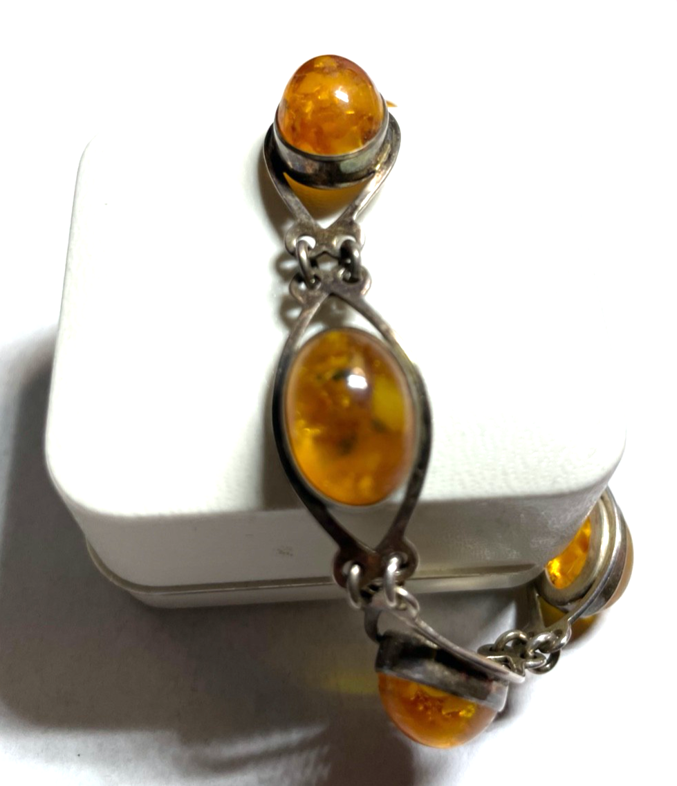 Vintage 835 Silber Fischland Armband mit 6 Bernstein Cabochons L 18,5 cm B  14mm2