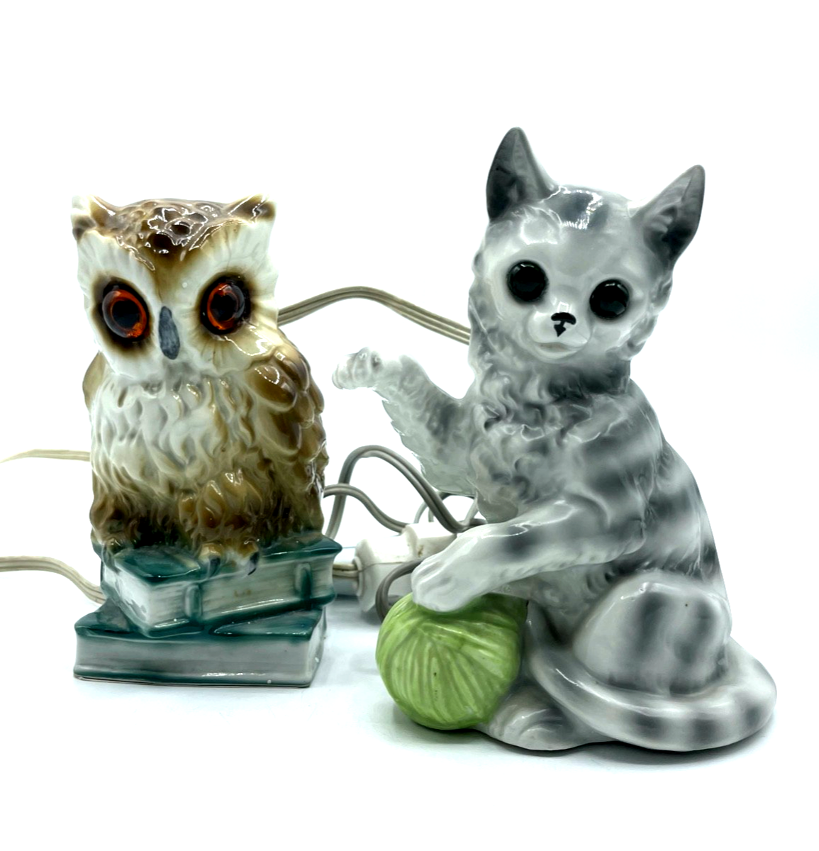 2 alte funktionierende Porzellan Rauchverzehrer Uhu Eule + Katze Duftlampe0