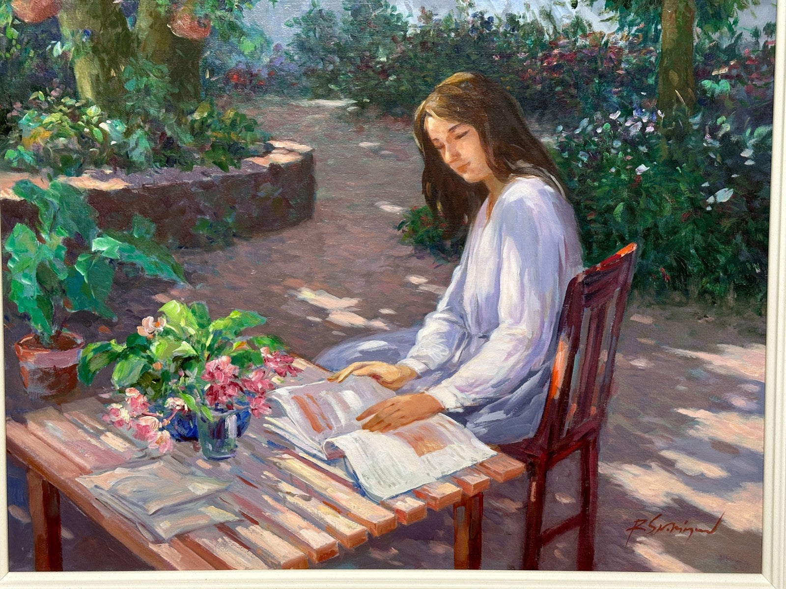 Roger San Miguel - Lesendes Mädchen im Garten - Öl auf Leinwand - signiert1
