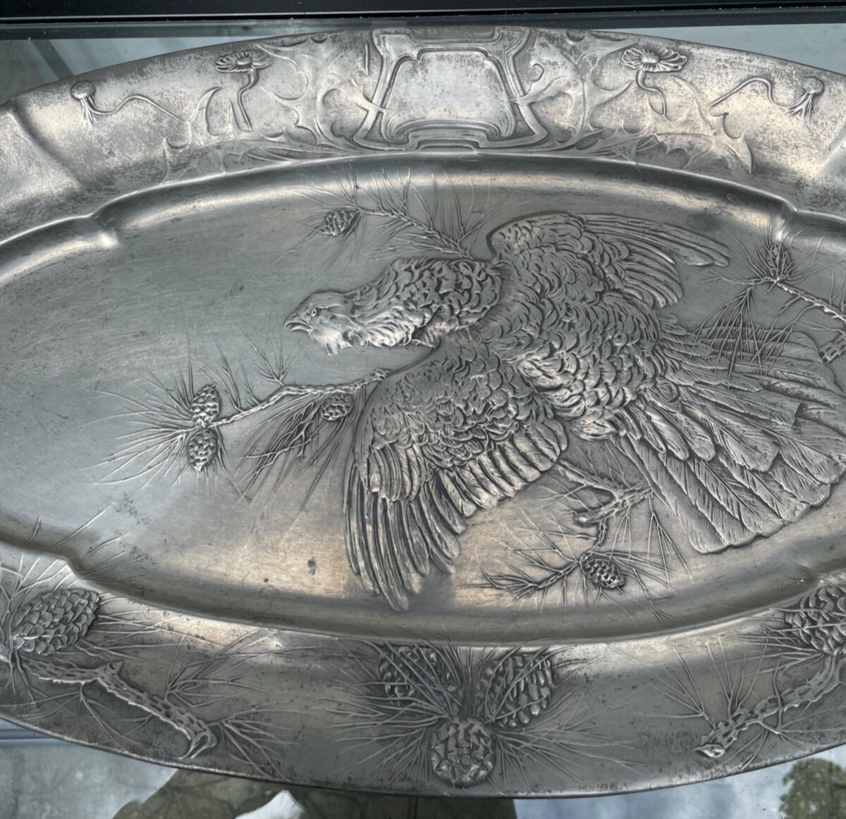 Vintage große ovale Platte  Jugendstil B&G Imperial Zinn Dekor Auerhahn L 52 cm5