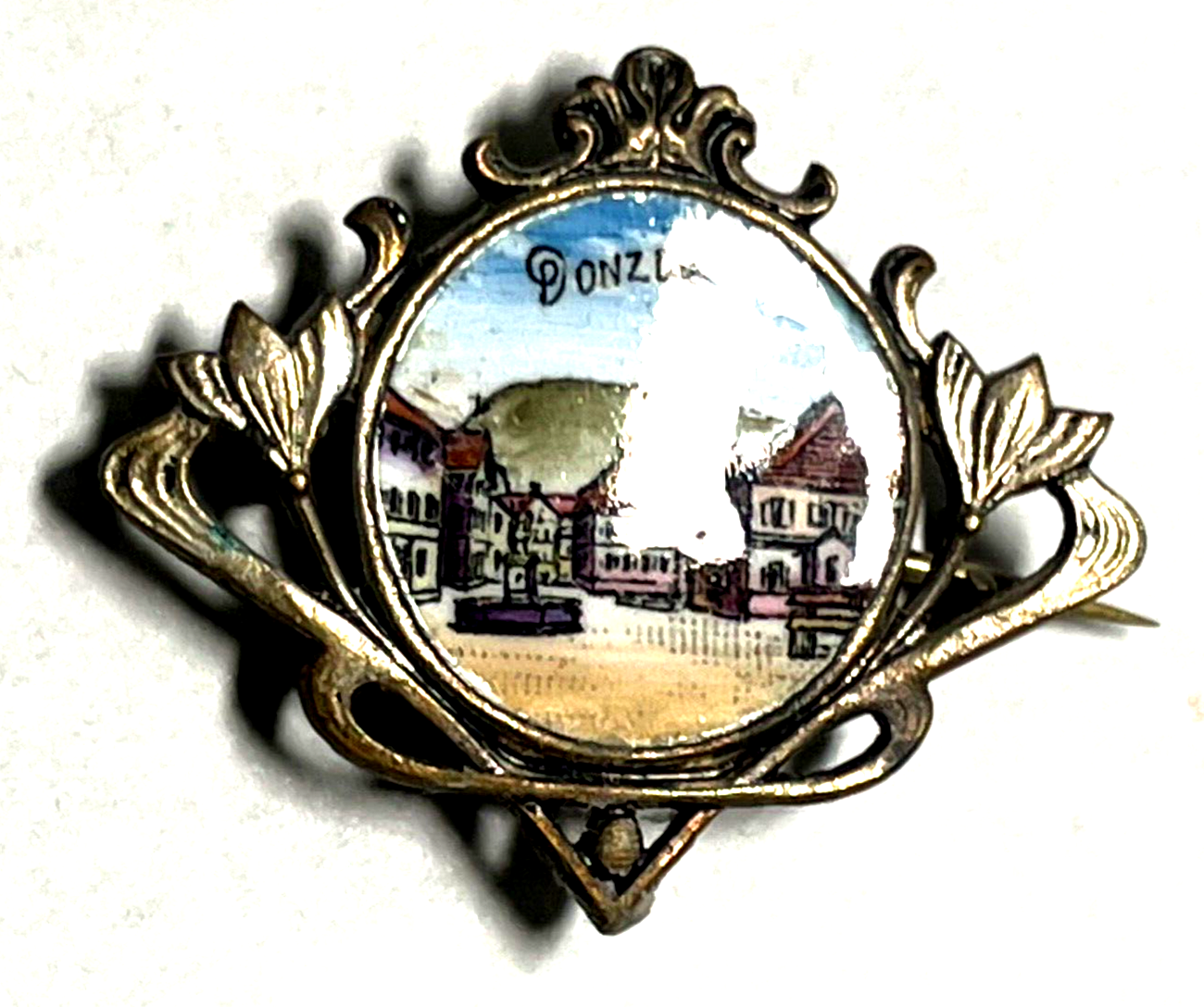Antik Emaille Malerei Anstecknadel Handarbeit Donzdorf 2 Württ. Ansicht vor 19001