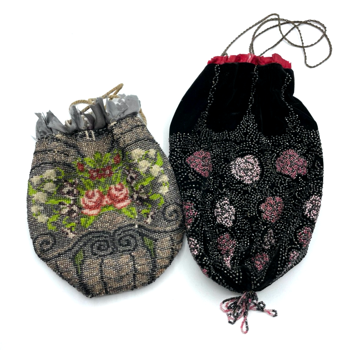 2 Antik Pompadour Glasperlen Tasche Perlenbeutel Handarbeit Perlentasche um 19006