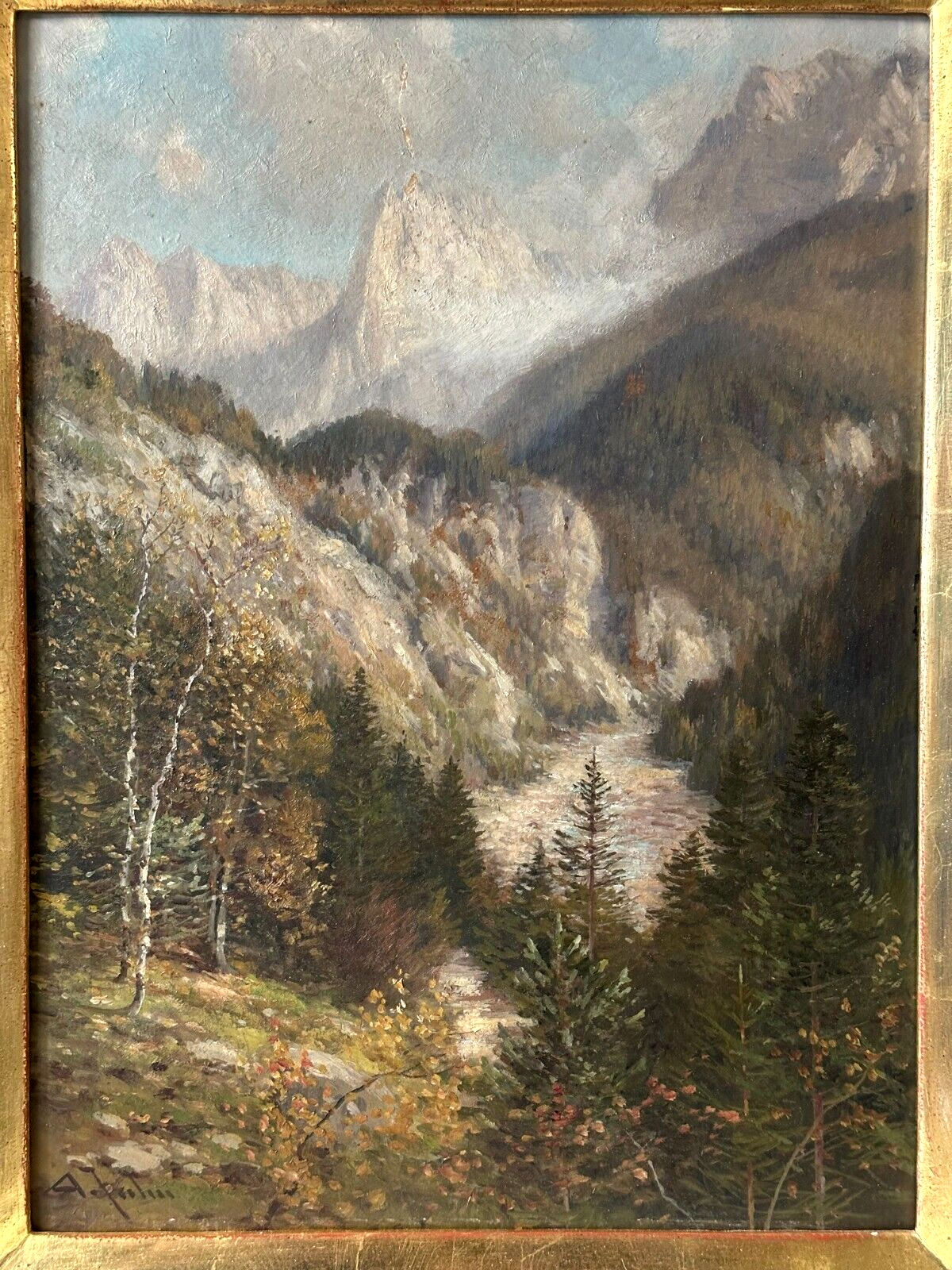 Anton Jahn 1869-? - Öl auf Karton - Gebirgs- Berglandschaft - gerahmt & signiert1
