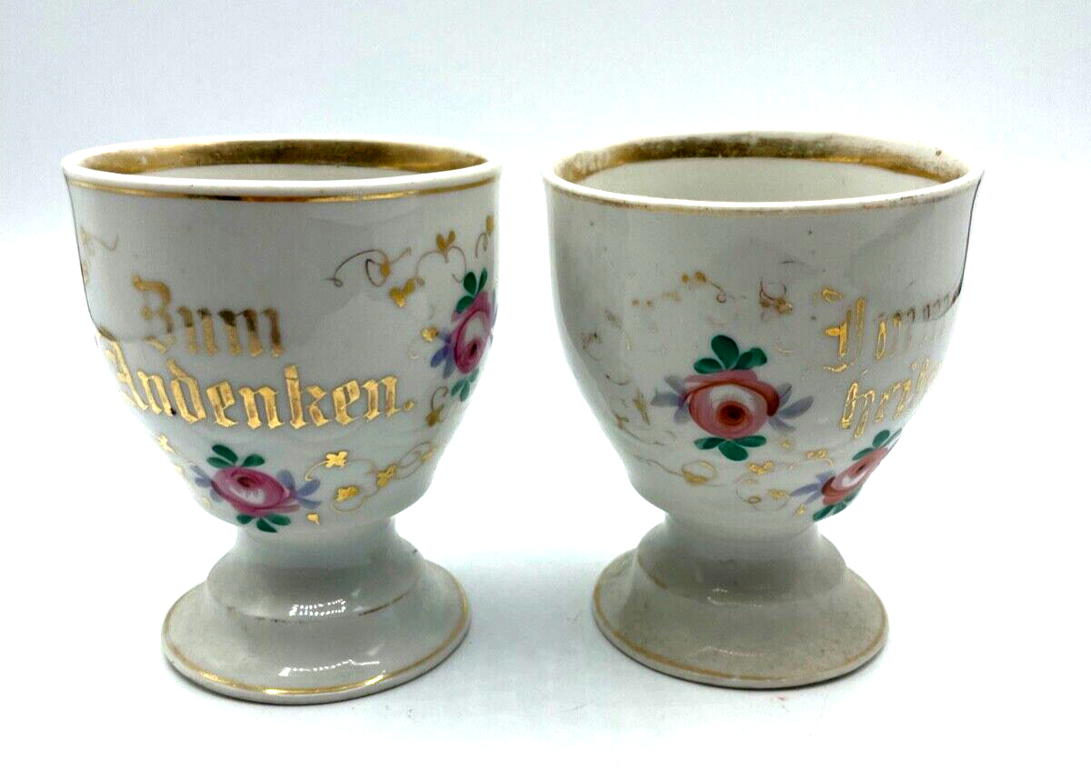 2x antik Porzellan Becher Kakaobecher Andenkenbecher Fußbecher  1900 Dachboden0