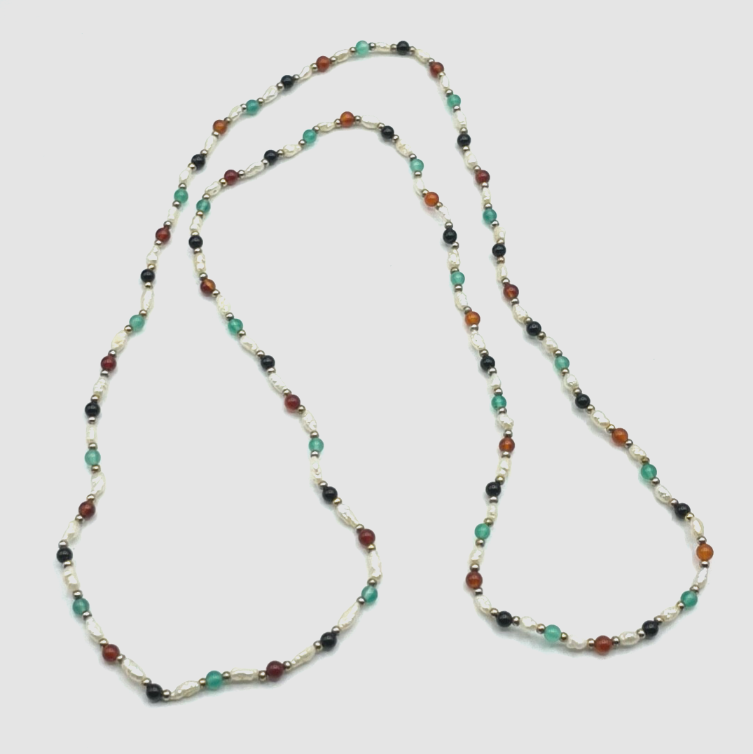 Gemischte Edelstein Kette 925 Silber Elemente + Biwa Perlen L 92 cm lang gepfl.3