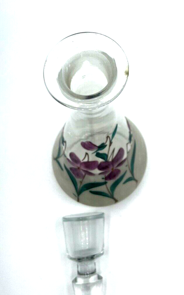 Antik Glas Karaffe Likörkaraffe um 1900 mit Veilchen Dekor Handgemalt H 24 cm4