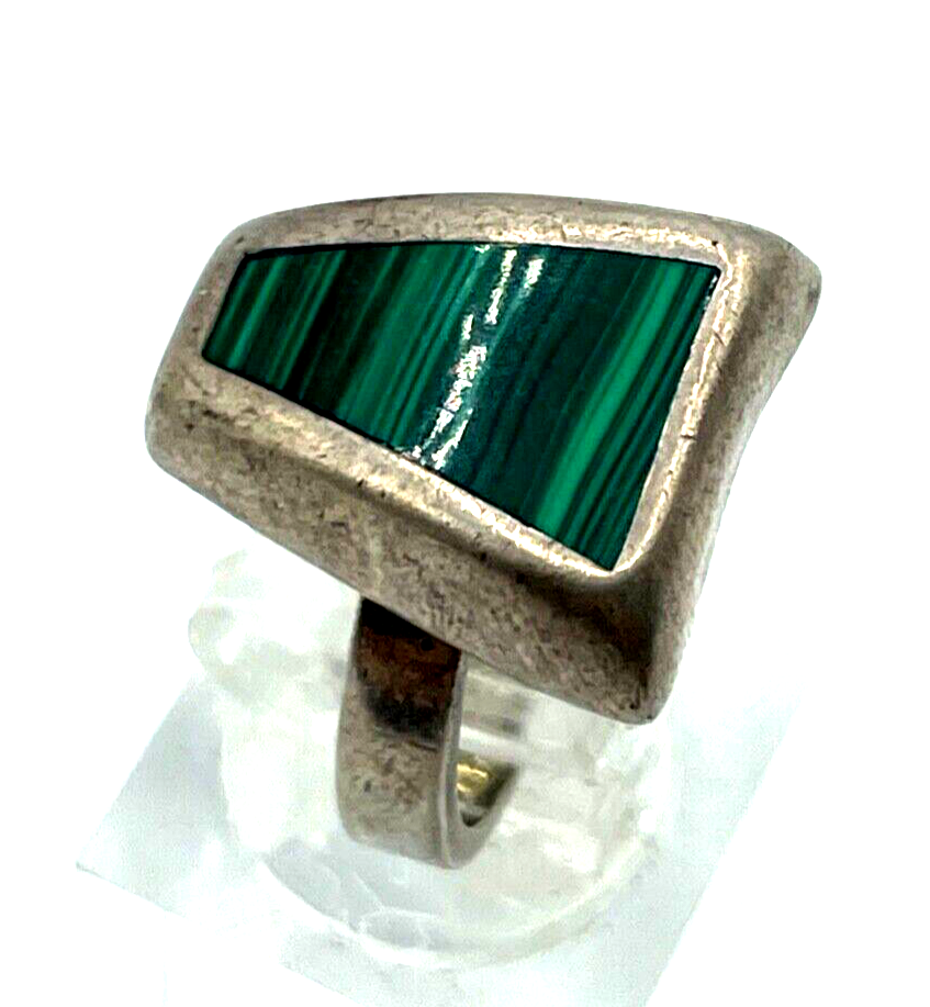 Vintage solider 835 Silber Ring Malachit massiv Ø16mm RG51 Handarbeit midcentury3