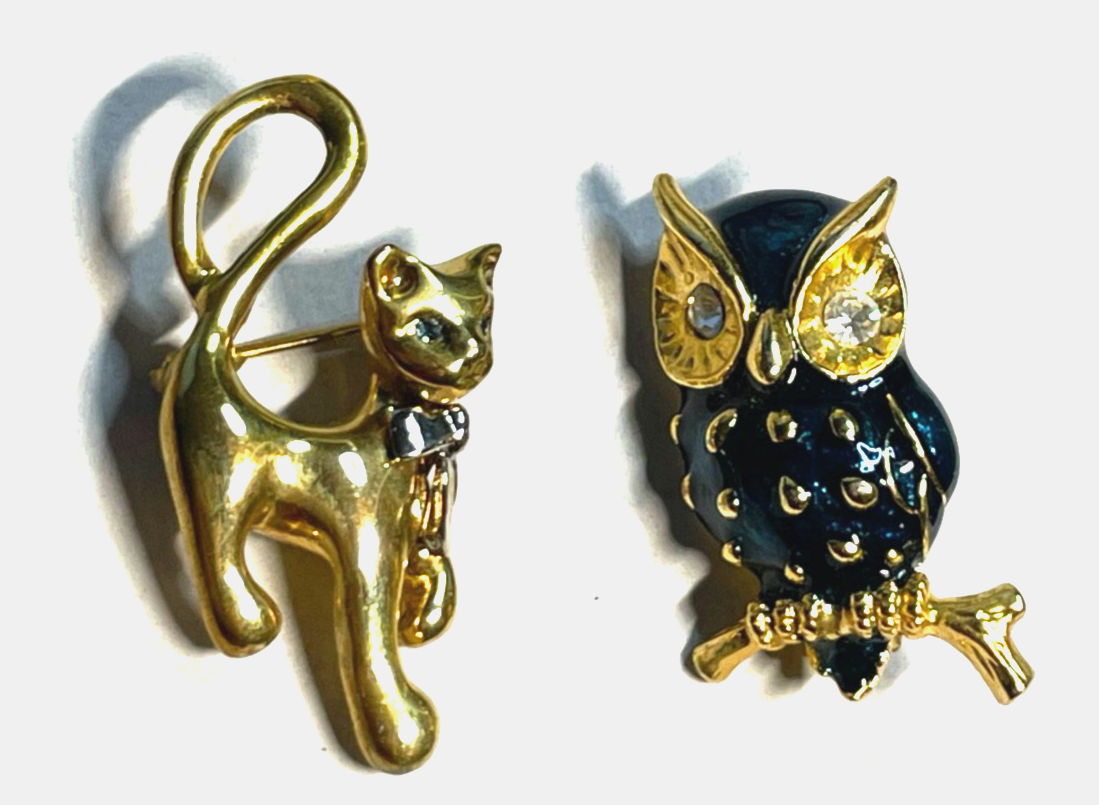 2x vintage Modeschmuck Brosche Anstecknadel Eule + Katze mit Swarovski Kristall0