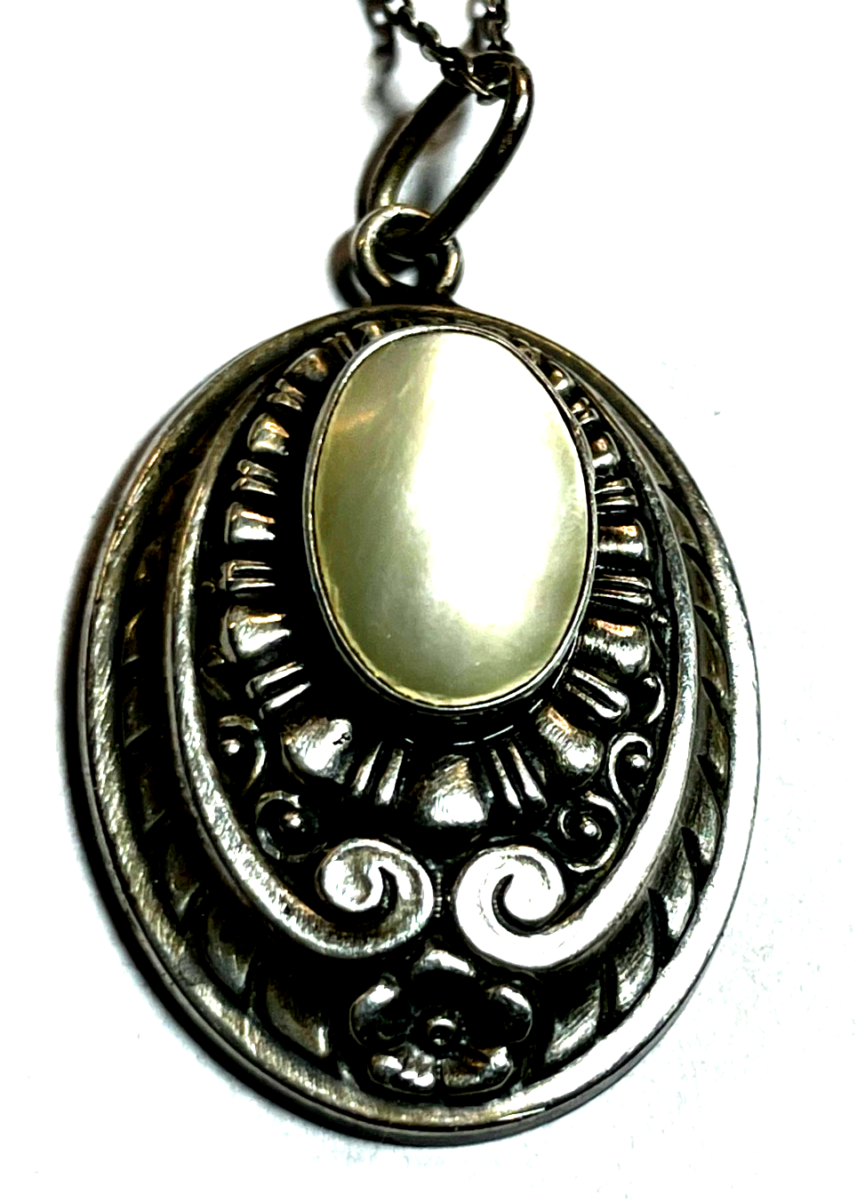 Antik Jugendstil 800 Silber Kette mit Anhänger Perlmutt Einlage sehr gepflegt1
