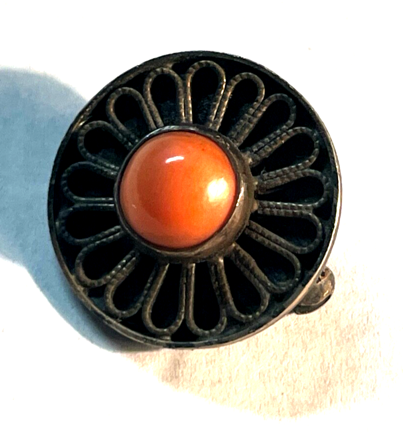 Antik 835 Silber Brosche Anstecknadel Koralle solide Handarbeit Ø 20 mm 30er J3