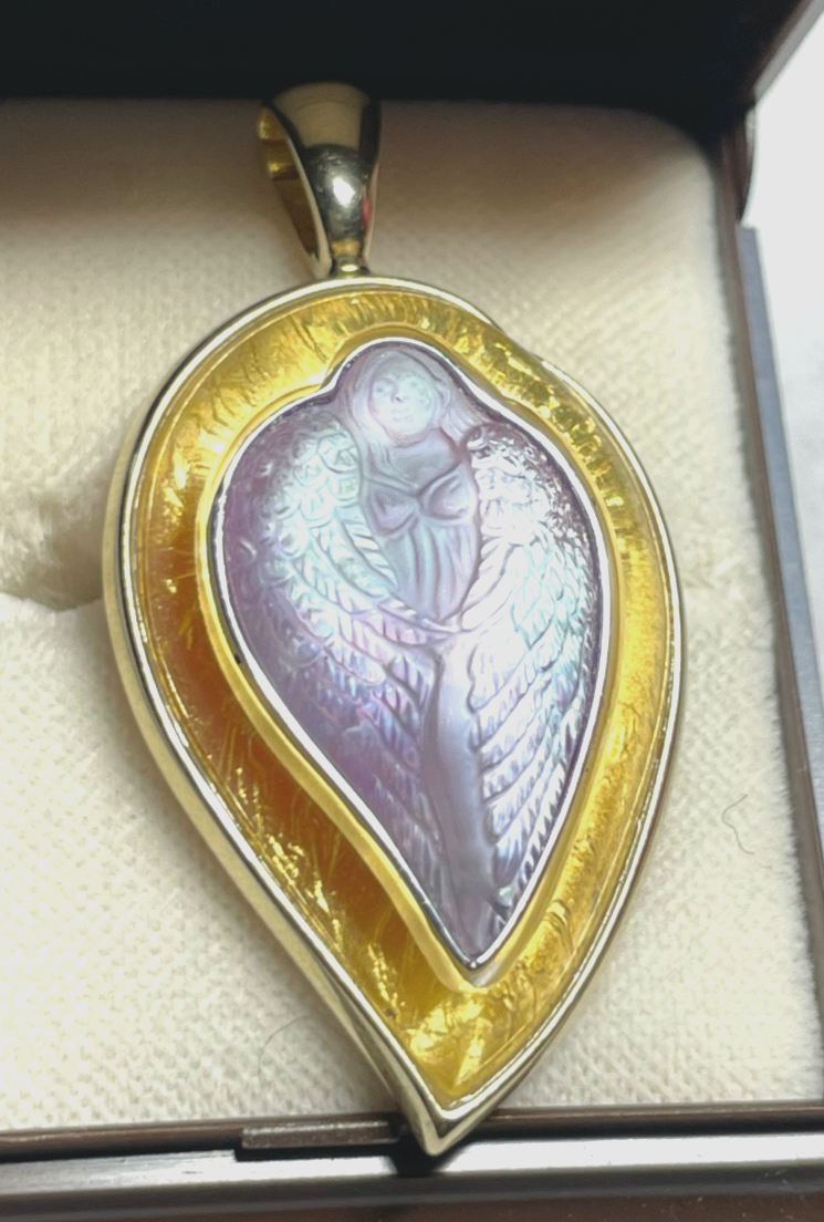 Massiver 585 Gold 14 K Clip Anhänger Bergkristall Cameo Schutzengel Juwelier0