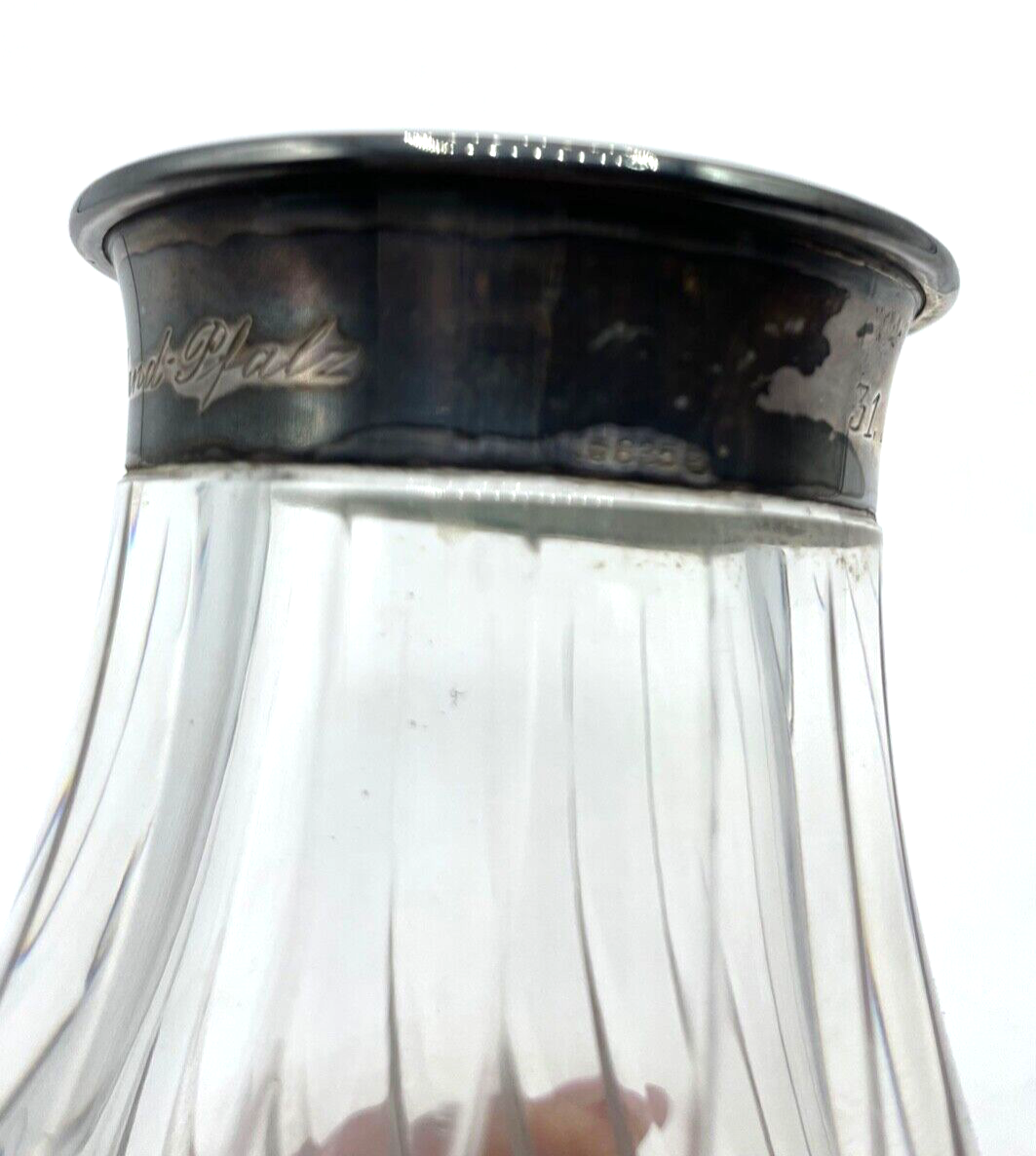 Schwere Bleikristall Kristallglas Vase mit 835 Silber Rand und Punze 1960 H19cm6