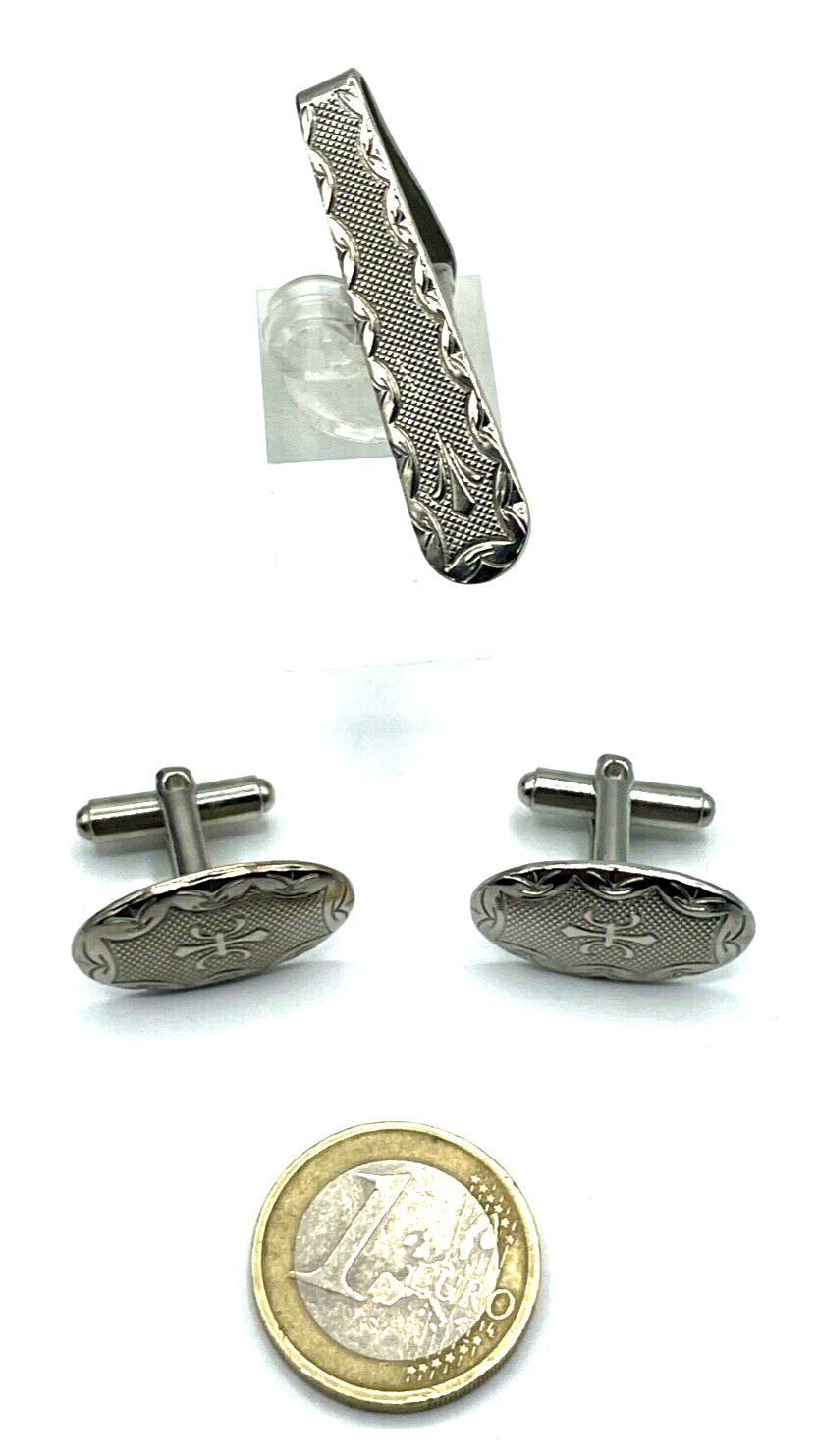 Vintage Set Manschettenknöpfe + Krawattenklammer mit Fleur de Lys Motiv gepfl.3