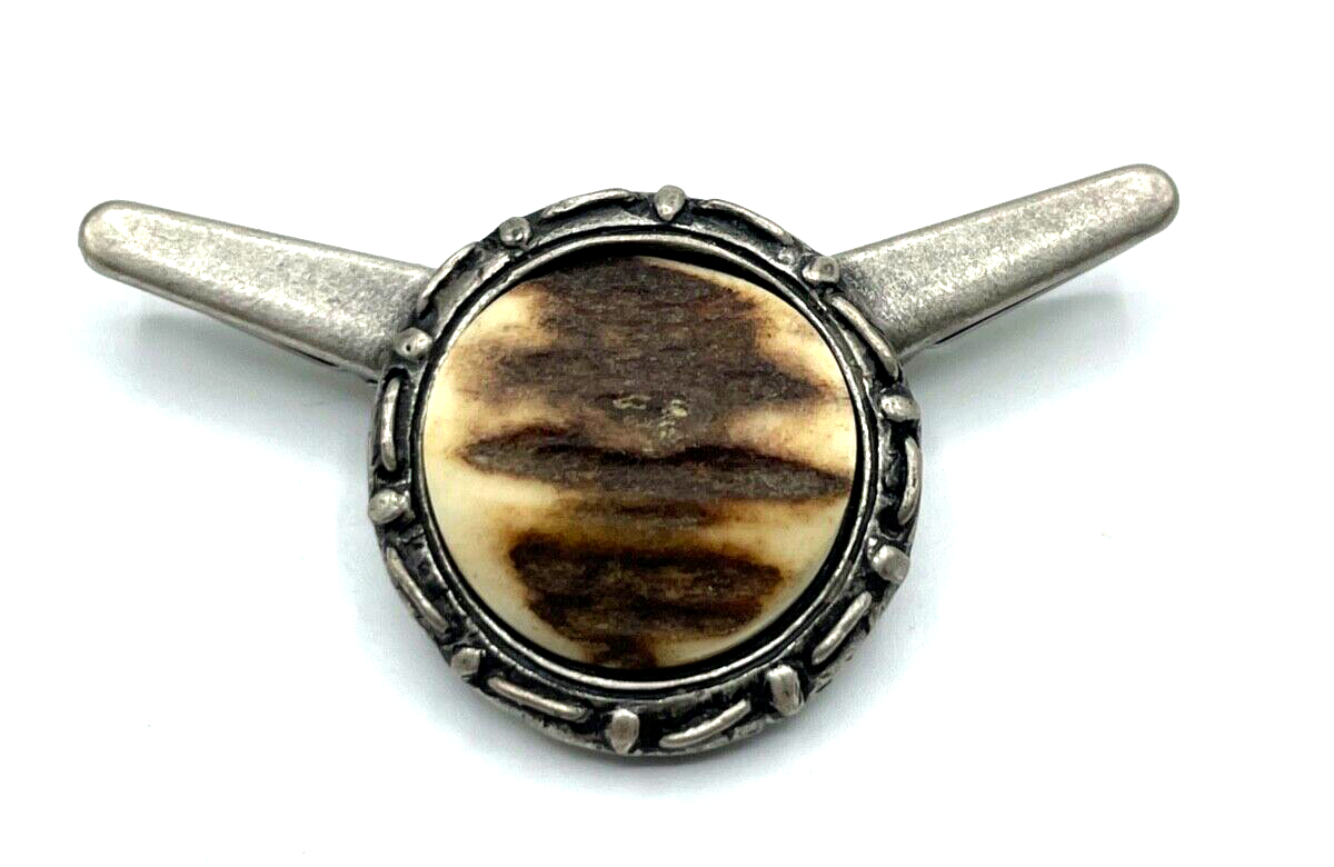 Vintage Modeschmuck Tracht Landhaus Kragenclip Kragenklammer Horn Einlage unisex1