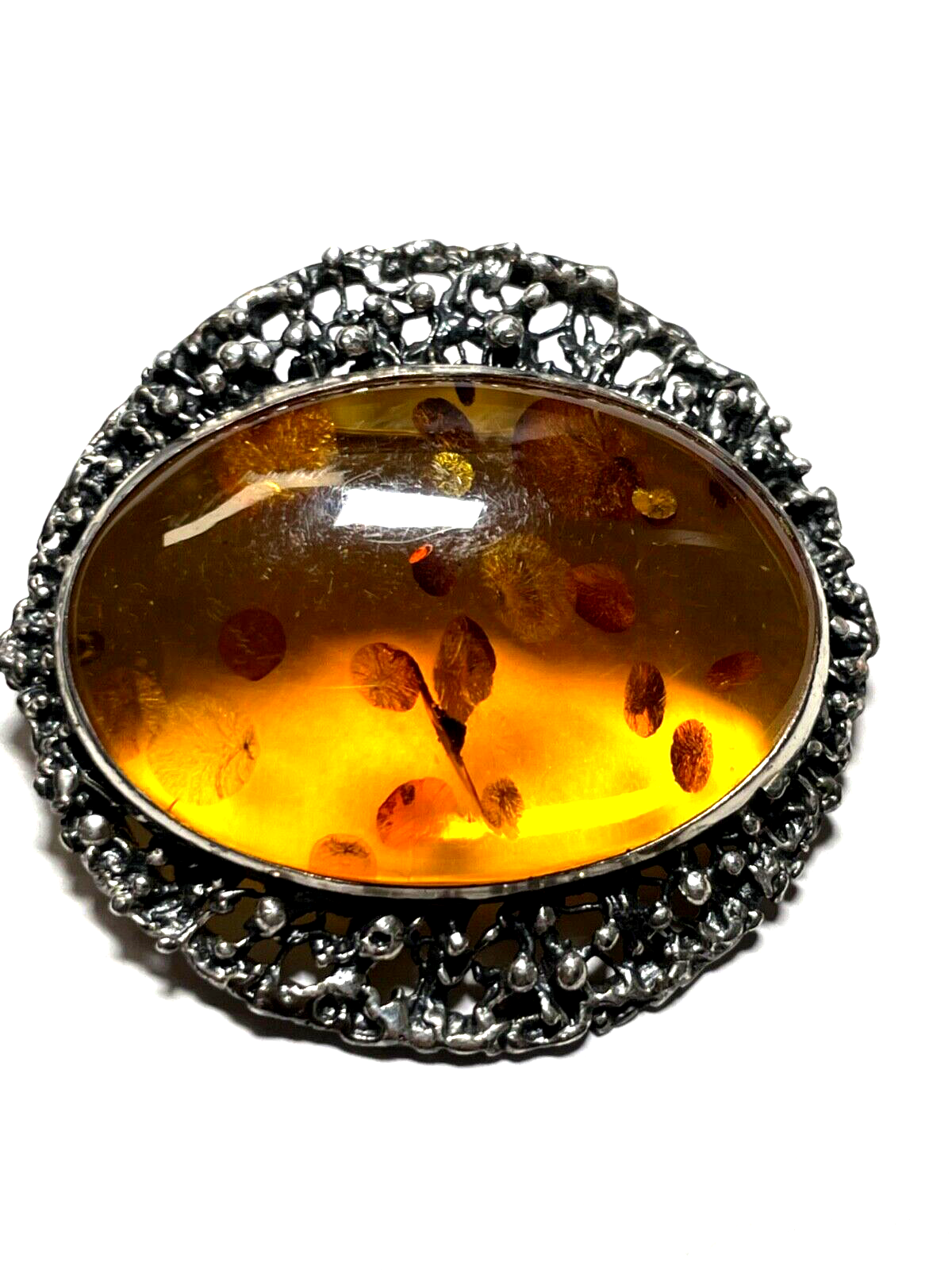 925 Silber Brosche Designer Anstecknadel / Anhänger Bernstein Cabochon Inklusen5